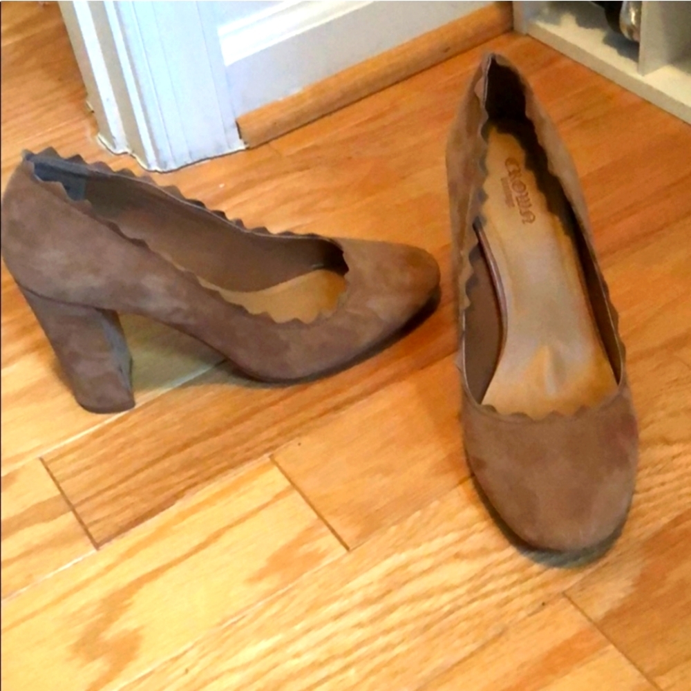 CROWN VINTAGE Tan suede round toe block high heels office classic 7.5